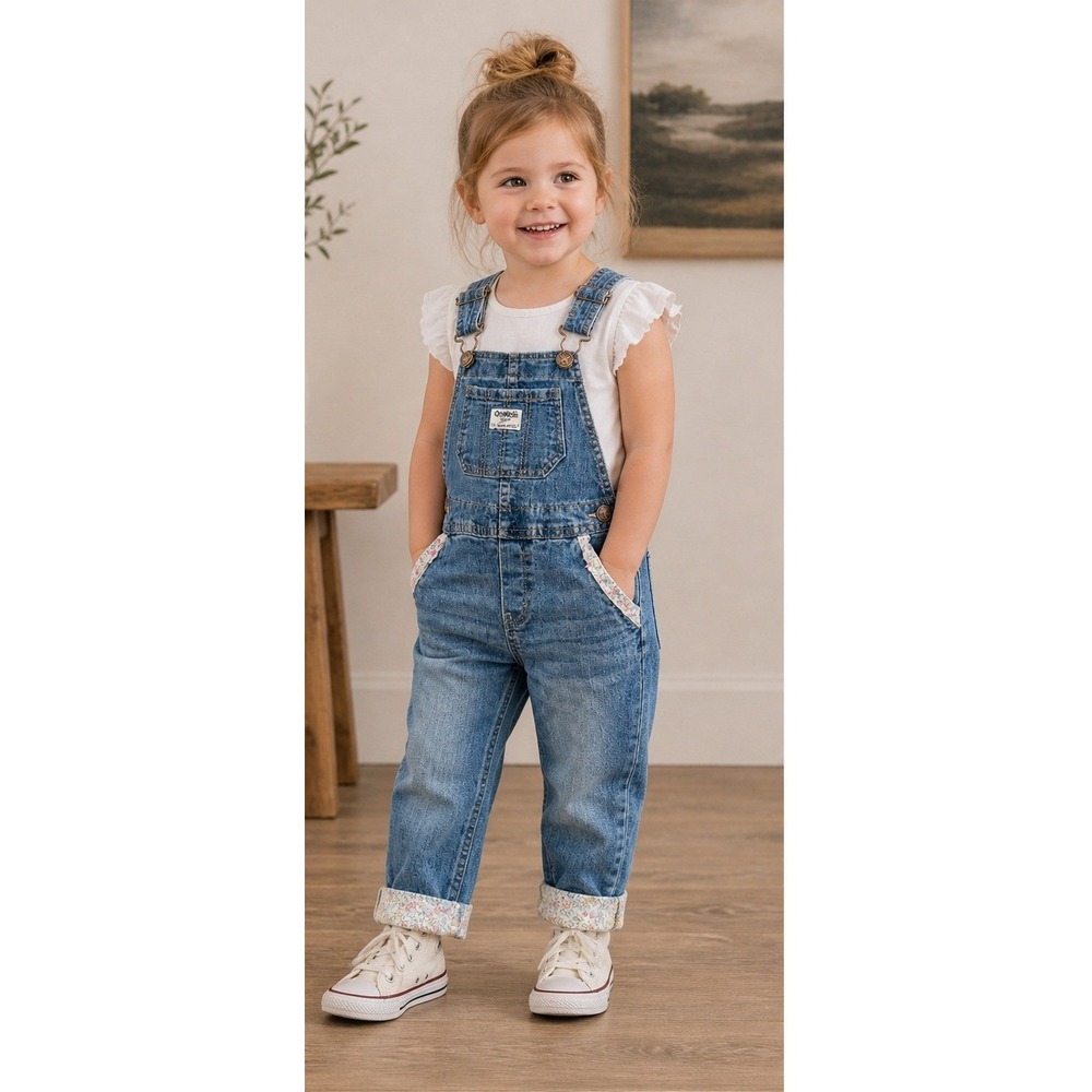 OshKosh Bgosh Kids Floral Trim Denim Bib Overalls Medium Wash Blue